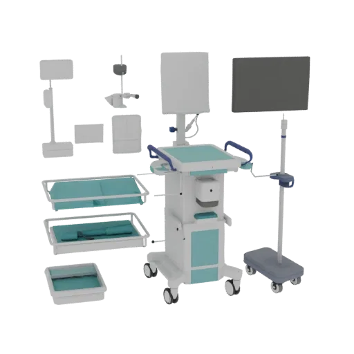 Modello 3D Carrello Medico Chirurgico per Didattica, rendering di addestramento a tre quarti, mostra metallo verniciato, silh
