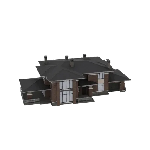 3D model of a modern two-story brick house with large windows and a dark roof, viewed from a slightly elevated angle.
