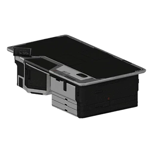 3D model of a futuristic retail checkout counter with a dark top, light grey and black body, and an integrated digital displa