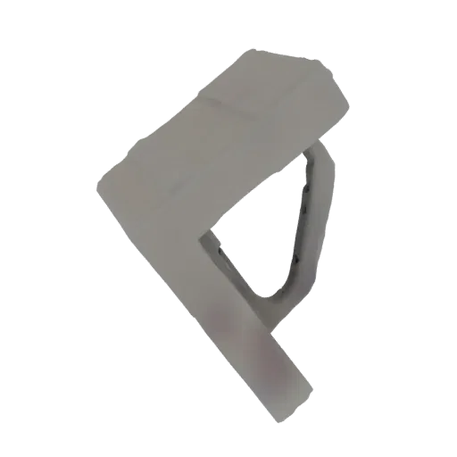 A 3D render of a modern, minimalist geometric bracket with sharp angles and a matte gray finish, isolated on a white backgrou