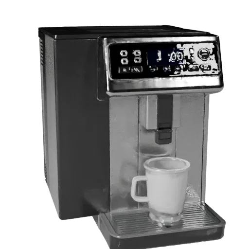 Smart Coffee Machine 3D model, dining room, three-quarter front view, Unity viewport, plastic detail.