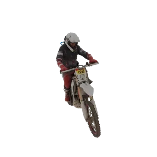 Modello 3D di un motociclista di motocross in posa d'azione dinamica, piegato in curva sulla sua moto da cross.
