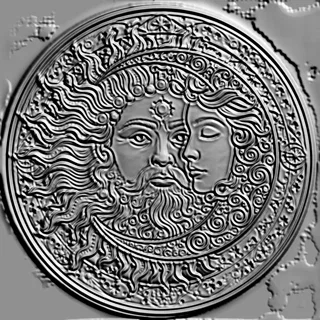Modelo 3D del bajorrelieve "Sol y Luna" con rostro masculino del Sol y rostro femenino de la Luna en estilo vectorial