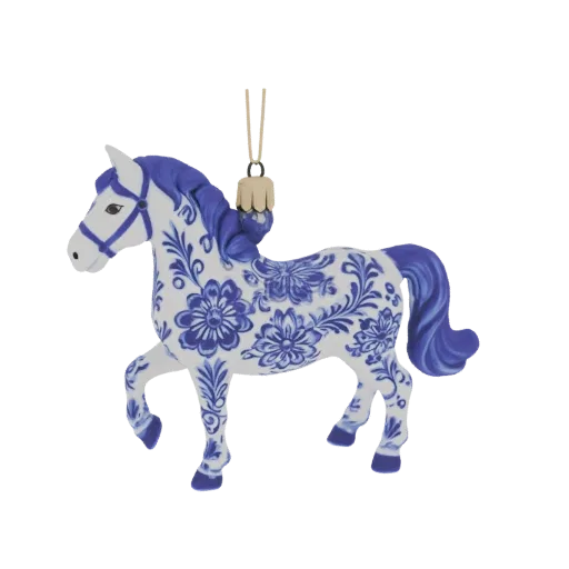 3D model of a white horse ornament with intricate blue floral patterns, depicted in a dynamic pose with a hanging loop.