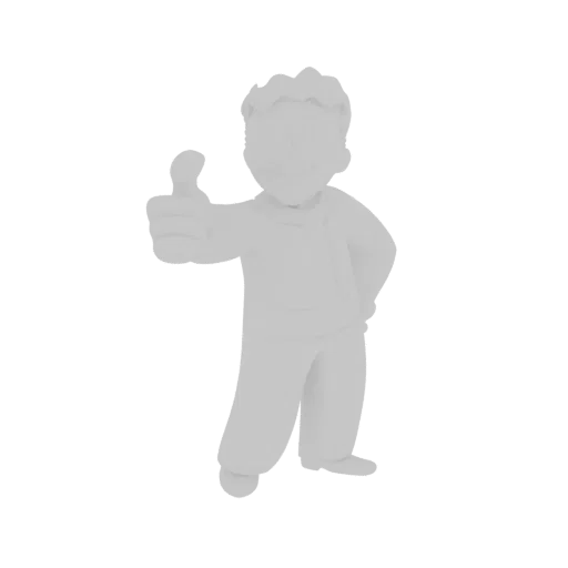 3D-Modell von Vault Boy aus Fallout mit Daumen hoch, dargestellt in einem hellgrauen Material vor schwarzem Hintergrund.