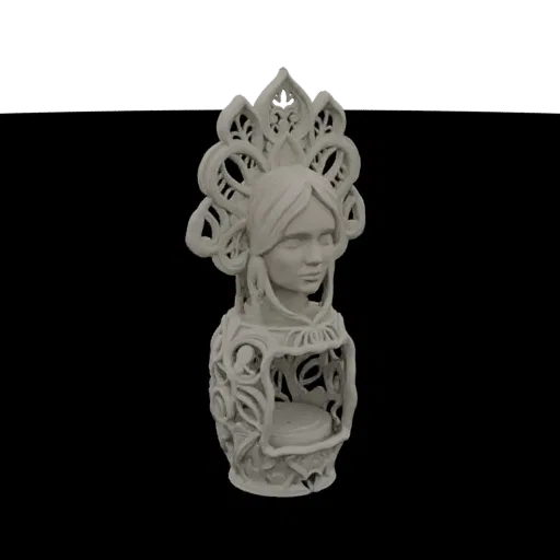 3D model render of a pale grey bust of a Slavic woman wearing an elaborate, openwork headdress and decorative clothing.