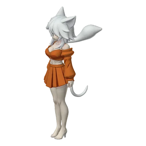 3D model of an anime fox girl with white hair and orange eyes, wearing an orange off-shoulder top and pleated skirt, standing