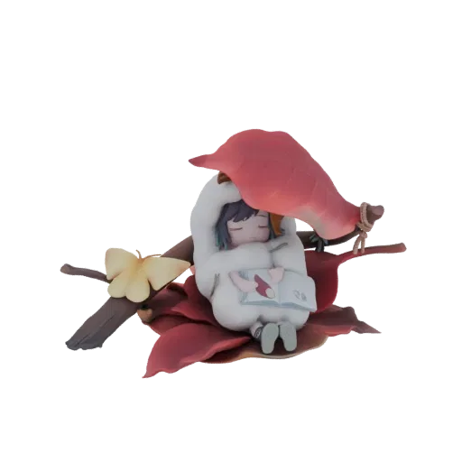 3D model of a young girl sleeping peacefully inside a large red leaf, with a yellow butterfly nearby.