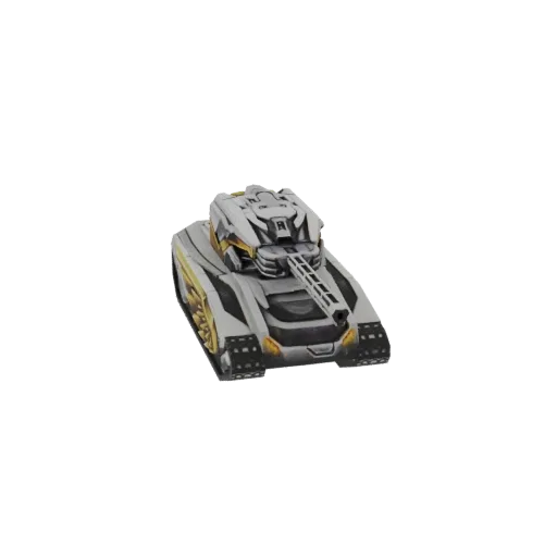 Maqueta 3D de un tanque futurista con esquema de color blanco y dorado, vista desde un ángulo frontal en tres cuartos.