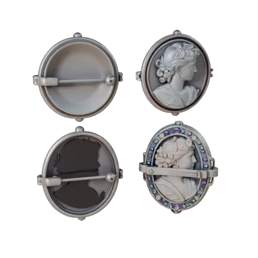 Vintage Cameo Brooch game ready 3D model, turntable hero render, with calibrated brooch silhouette and material reads.