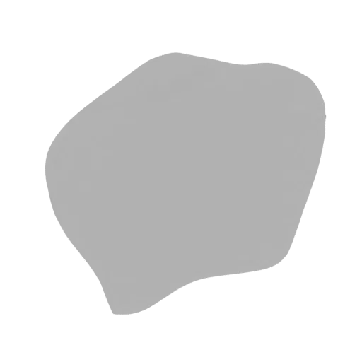 Una renderización 3D de una forma de blob abstracta y amorfa con un acabado gris liso y mate, aislada sobre un fondo blanco.