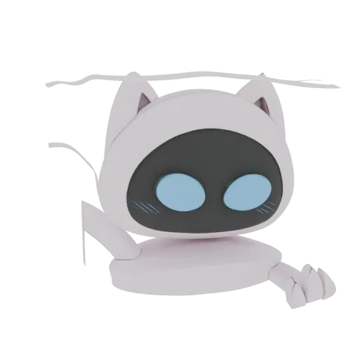 A 3D render of a cute, light pink cat robot with large blue eyes, hanging from a thin grey line.