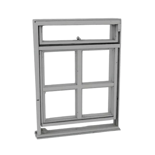 3D model of a dollhouse window frame with six sections, front view