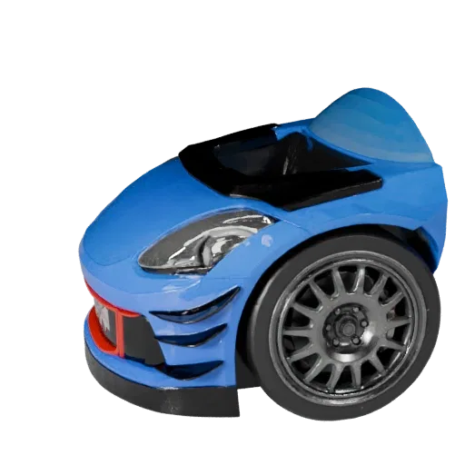 Hochauflösendes 3D-Modell eines Rallye-Autos, Studioaufnahme im Nahbereich, hochauflösendes Fahrzeug-Asset mit Karosserielini