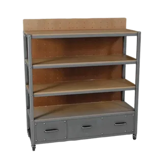 Rack de Peças Industrial Modelo 3D Realista, renderização de estúdio em três quartos, mostrando estruturas de aço, suportes e