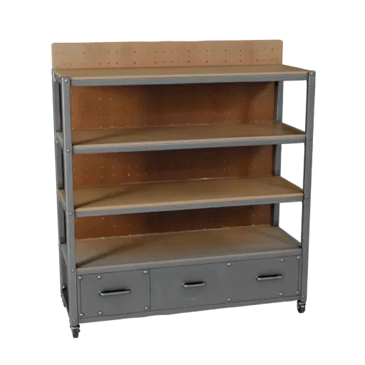 Industrial Parts Rack Realistic 3D model, three-quarter studio render, showing steel frames, stable fixtures.