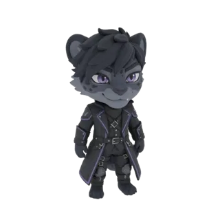 3D model of a chibi anthro leopard character wearing a dark gothic-style trench coat with purple accents and purple eyes.