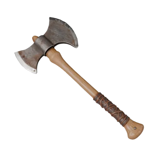 Rusted Axe Prop 3D model, three-quarter front view, Unreal Engine viewport, showing worn metal, form detail.