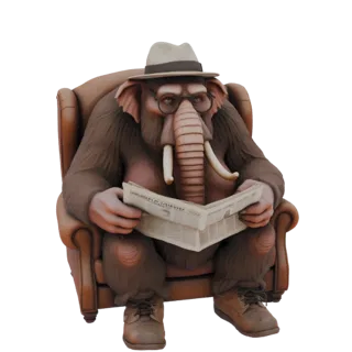 Modelo 3D de um mamute usando chapéu e óculos, sentado em uma poltrona de couro marrom e lendo um jornal.