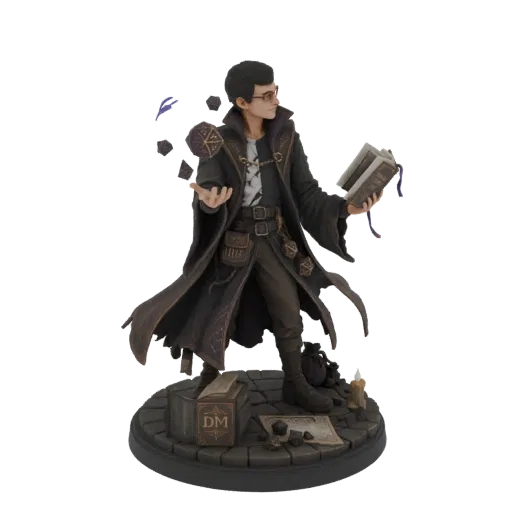 3D model of a Dungeon Master wizard with glasses, dark robes, holding a spellbook and casting a spell, surrounded by dice.
