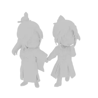 Un rendu 3D d'un couple chibi mignon, un garçon et une fille, se tenant la main, tous deux portant des vêtements d'inspiratio