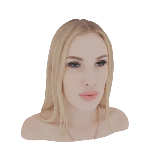 3D-Modell-Rendering einer realistischen blonden Frauenbüste mit blauen Augen und wallendem blondem Haar, die eine schlichte H