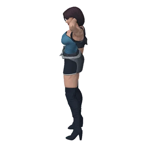 3D model of Jill Valentine in a dynamic action pose, wearing her iconic blue top, black skirt, and thigh-high boots, holding