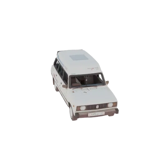 3D model of a white station wagon with a roof rack, viewed from a slightly elevated front-right angle.