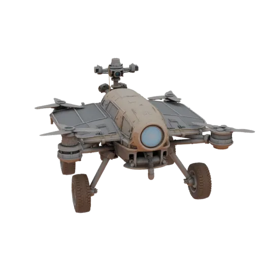 Mars Drone Scout Printable 3D model, isometric STL render, showing dusty wheels, vehicle stance.