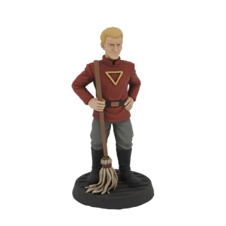 3D-Modell eines futuristischen Hausmeisters mit blonden Haaren, in roter Uniform, der einen Mopp hält und auf einem runden So