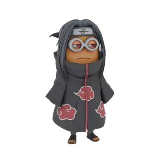 3D model of a Minion character wearing a black Akatsuki cloak with red cloud symbols and a Konoha forehead protector.