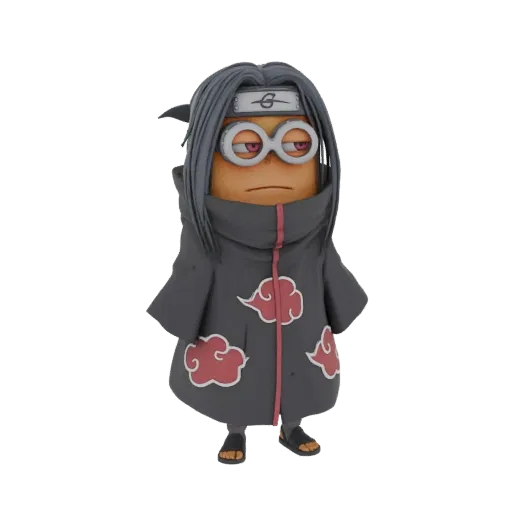 Modelo 3D de un personaje Minion con capa Akatsuki negra, símbolos de nube roja y protector de frente de Konoha.