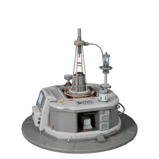 Prototype Reactor Core Stylized 3D model, stylized isometric render, showing clean metal, bench-top devices.