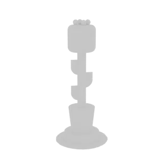 Render 3D gris claro de una maceta estilizada con adorno redondeado y tallo decorativo, sobre fondo blanco.