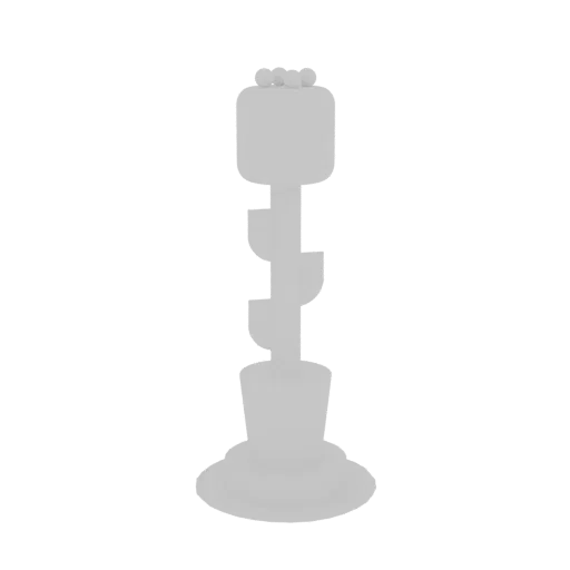 A light gray 3D render of a stylized flower pot with a rounded topper and decorative stem, set against a white background.