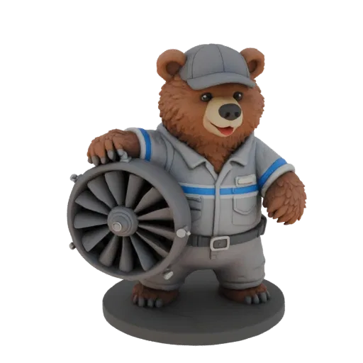 3D model of a brown bear in a work uniform and cap, holding a turbine engine wheel, on a gray base.