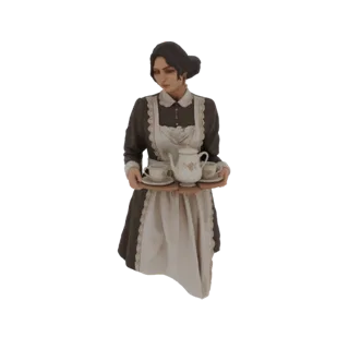 3D model of a Victorian maid in a dark dress and white apron, holding a tray with a teapot and two cups.
