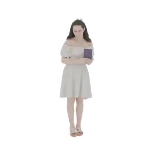 Modèle 3D d'une jeune femme aux cheveux sombres, portant une robe blanche épaules dénudées et tenant un livre.