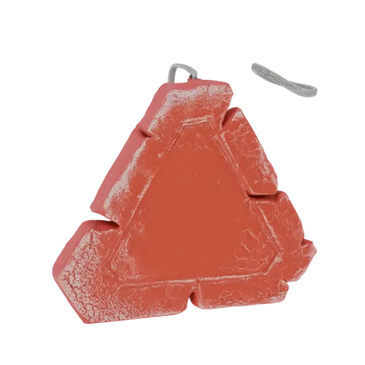 3D model of a red triangle ornament with a cracked, textured surface and a hanging loop.