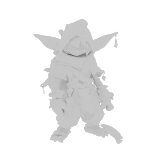 Render del modello 3D di un goblin ladro fantasy con mantello con cappuccio e nappa, in posa dinamica.