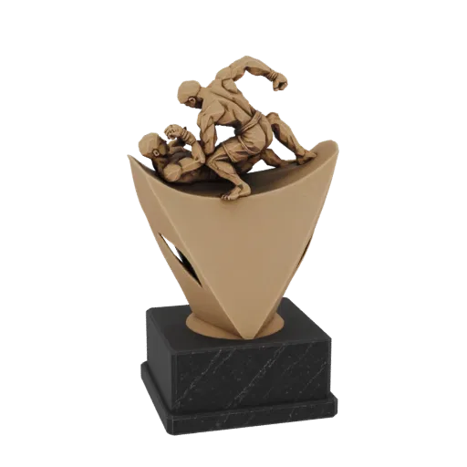 Modèle 3D d'un trophée de combattant MMA en bronze avec deux figures en grappling sur une base moderne.