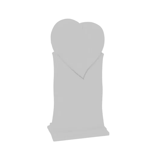A 3D model of a gray, heart-shaped gravestone with a simple, elegant design, set against a white background.