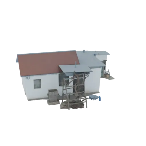 3D model of an old well with a wooden structure next to a white farmhouse with a red roof.