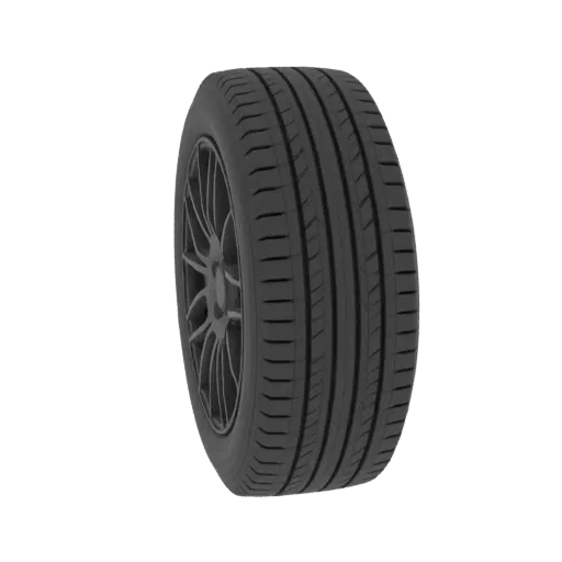A 3D model of a car tire with a detailed tread pattern and a sporty multi-spoke rim, presented on a white background.