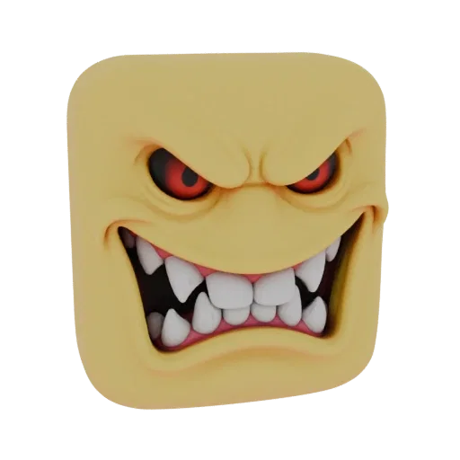 3D-Render eines gelben Quadratmonsters mit wildem Grinsen, scharfen Zähnen und glühenden roten Augen, isoliert auf weißem Hin