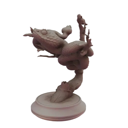3D model of a detailed sculpture featuring a snake coiled around a branch with a frog on its head, set on a circular base.