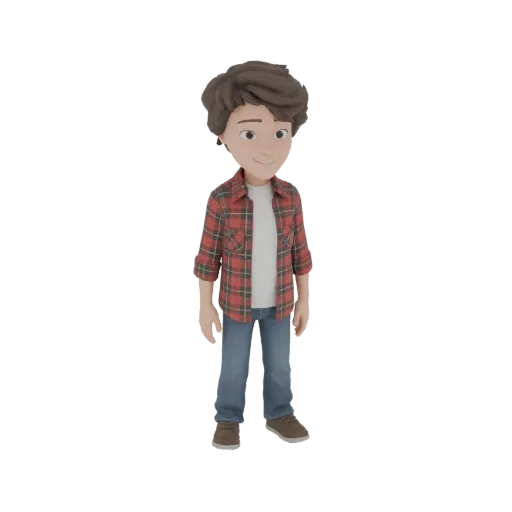 3D model of a young man with brown hair wearing a red plaid shirt, white t-shirt, blue jeans, and brown shoes, standing and smiling.