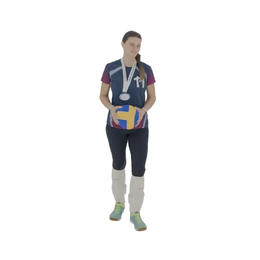 3D model of a female volleyball player holding a ball and wearing a medal, smiling.