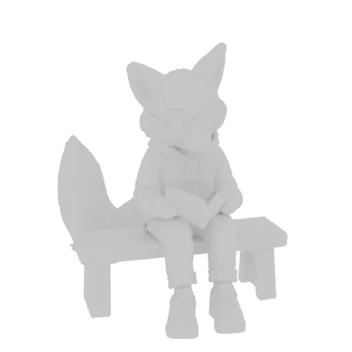 3D model of a light gray fox wearing glasses and a hoodie, sitting on a bench and reading a book.