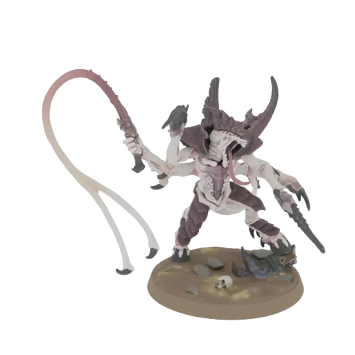 3D model of a Tyranid Warrior with a whip, standing on a textured base, against a white background.